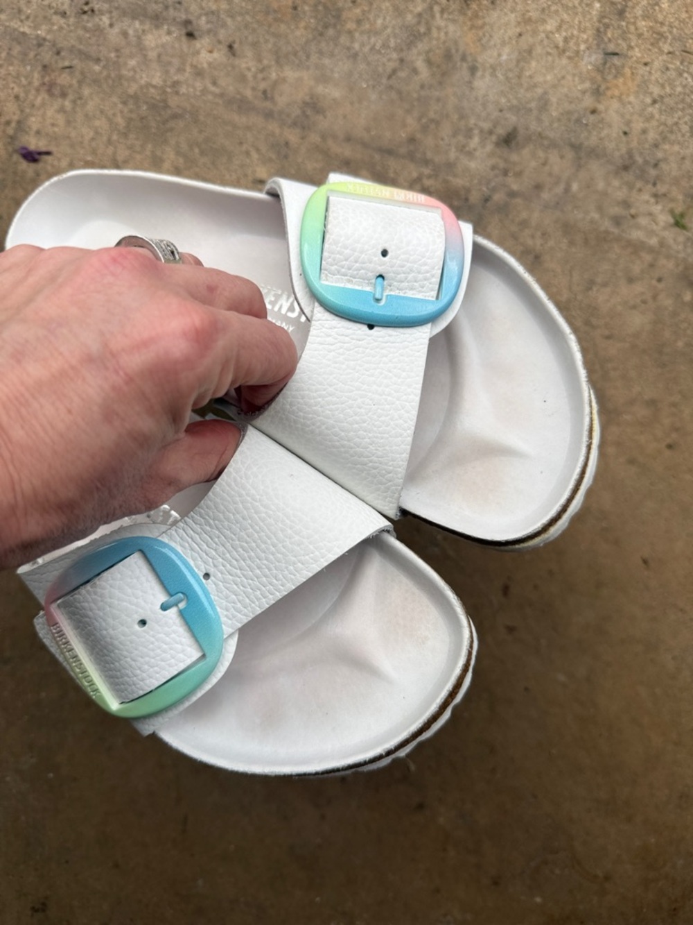 Birkenstock women’s  White Slide Sandals with Pastel Rainbow Buckles GUC - Picture 5 of 7